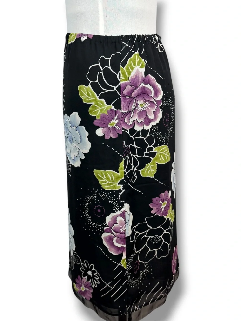 Y2K George Black Floral Midi Pencil Skirt Medium Pull On Cottagecore Modest